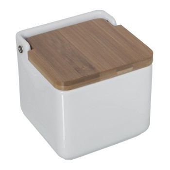 Salières Blanches En Céramique Avec Couvercle En Bois 12x12x12cm
