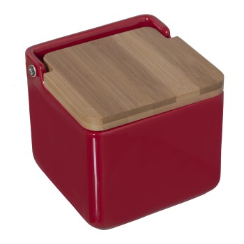 Salières Rouges En Céramique Avec Couvercle En Bois 12x12x12cm