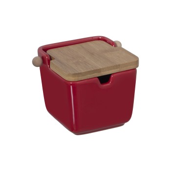 Zuccheriere In Ceramica Con Coperchio In Legno - Rosso 8,5x8,5x8,5cm