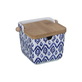 Azucarero Cerámica C/tapa Madera Blanco/azul 8,5x8,5x8,5cm