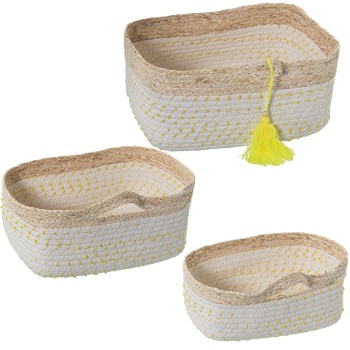 Set De 3 Paniers En Feuilles De Maïs Et Coton - Naturelle Avec Pois Jaunes- 35x25x15+31x21x13+27x12x11cm