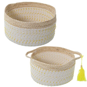 Set 2 Cestos Hojas Maíz/algodón Natural C/lunares Amarillos Ø30x16+ø25x14cm
