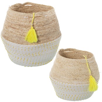 Set De 2 Paniers En Feuilles De Maïs Et Coton - Naturelle Avec Pois Jaunes Et Ponpon- Ø28x36+ø23x29cm