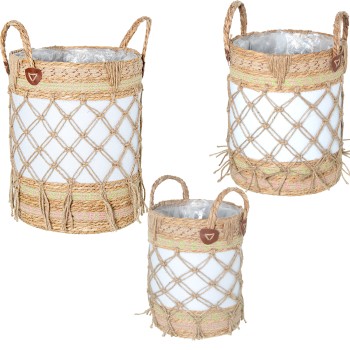 Set 3 Cestos De Vime E Tecido Branco Ø33x43+ø30x37+ø24x31cm