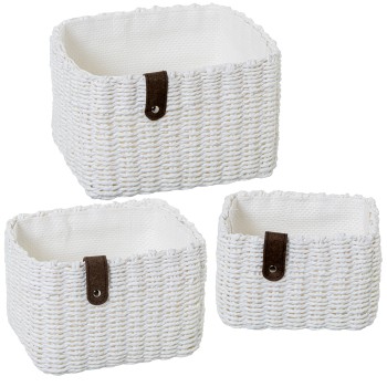 Set 3 Cestas Almacenamiento Tela Blanca 31x25x19+28x21x17+23x17x15cm