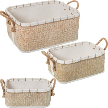 Set 3 Cestas Mimbre C/asas Natural Tela Blanca 40x30x18+33x23x14+28x18x12cm