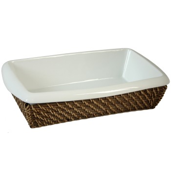 Fuente De Horno Porcelana C/cesta Mimbre 41x26x10 Cm