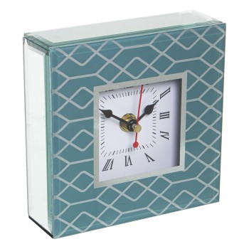 Green Glass And Wooden Tabletop Clock- 14x4,5x14cm,1xaa No Inclu