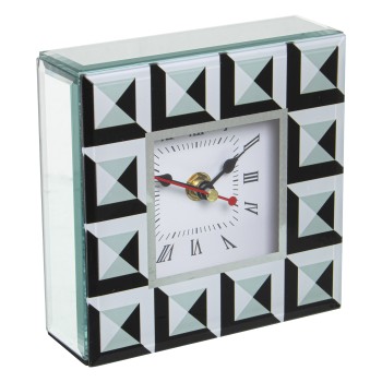 Horloge De Table En Verre Et Bois / Blanc Et Noir- 14x4,5x14cm,1xaa No Inclu