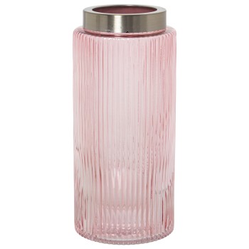 Vase En Verre - Rose Avec Bord Doré- Ø12x26cm, Boca Metal:ø9cm