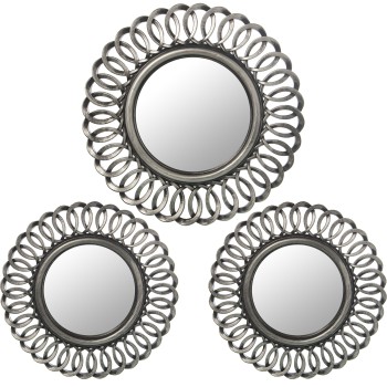 Set 3 Adornos Pared Melamina Plata C/espejo 2 De Ø25cm + 1 De Ø35cm