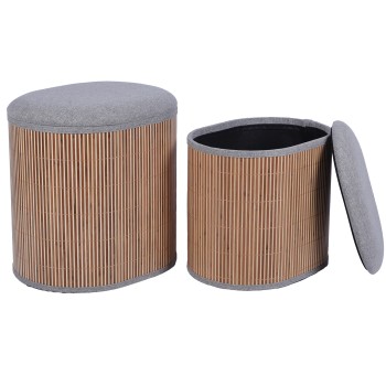 Set 2 Pufs Almacenamiento Bambú C/tapa Gris Oscuro Acolchada 44x35x43+40x30x36cm