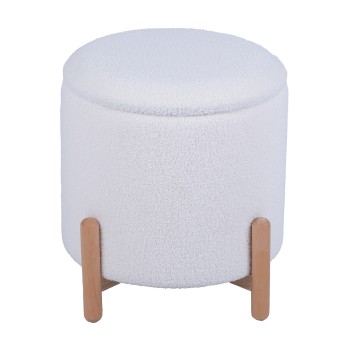 Pufe Estofado Branco Com Pernas Em Madeira Natural / Função De Arrumação_ø41x40cm