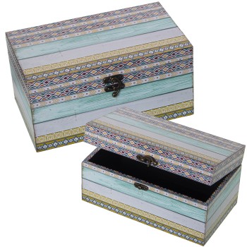 Set 2 Cajas Decoradas Maderadm/lona Poliéster 30x18x15+24x14x12cm