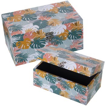 Set 2 Scatole Decorate In Legno Dm E Telone In Poliestere Foglie- 30x18x15+24x14x12cm