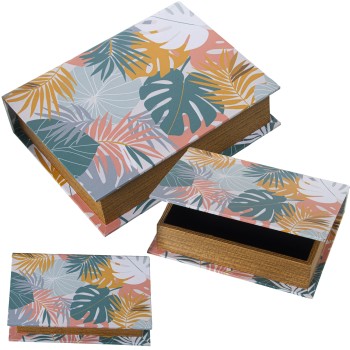 Set 3 Cajas Libros Decorados Madera Dm/lona Poliéster Hojas 30x24x8+24x18x6+18x12x4cm