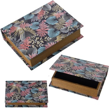 Set De 3 Boîtes Livres En Bois Dm Recouvertes De Polyester Feuilles- 30x24x8+24x18x6+18x12x4cm