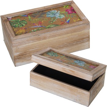 Set 2 Cajas Rect. Madera+ratán Decorado Flores 30x18x12+24x14x9cm