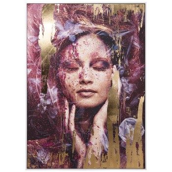 Quadro Stampato Pittura Su Tela Donna - Cornice In Legno Bianco- 100x4x140cm
