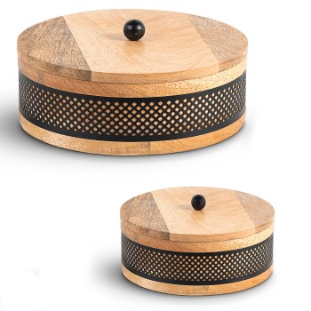 Set 2 Boîtes En Bois/métal Noir Ø20x8+ø15x8cm