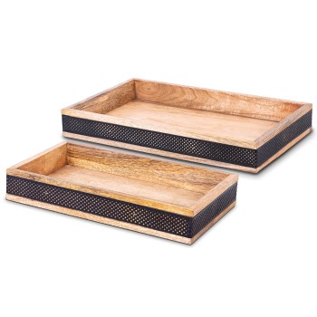 Set 2 Plateaux Rectangulaires En Bois Et Métal Noir 38x23x5++30x20x5cm