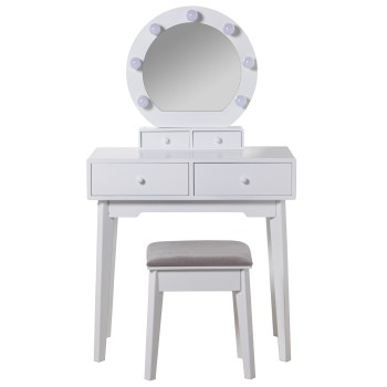 Meuble Coiffeuse En Bois Blanc Avec Miroir Et Led + Tabouret- 75x40x130cm-taburete:36x28x45