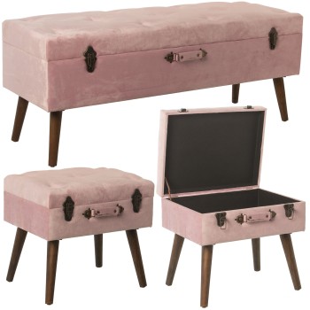 Set 3 Banquetas Arcón Terciopelo Rosa, Patas Madera 120x41x51+48x38x44+48x38x44cm
