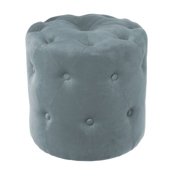 Pouf Capitonné In Velluto - Azzurro Piombo - Interno In Legno- Ø40x38,5cm, Dm/poliéster