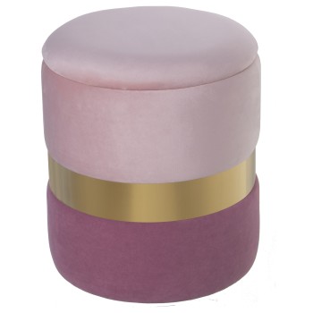Pouf Contenitore In Velluto Con Fascia In Acciaio Dorato - 7cm - 2 Toni Rose- Ø37x43cm, Poliéster/dm