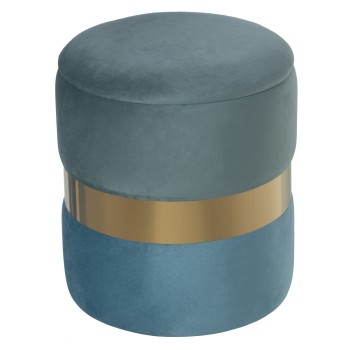 Pouf Contenitore In Velluto Con Fascia In Acciaio Dorato - Verde Acqua E Azzurro- Ø37x43cm, Poliéster/dm