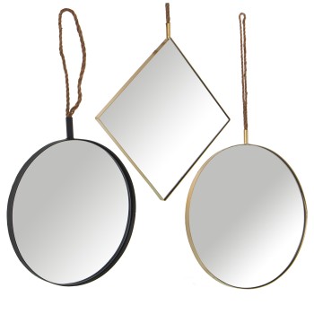Set 3 Espejos Metal Dorado C/cuerda 35x35+40x40+50x50cm