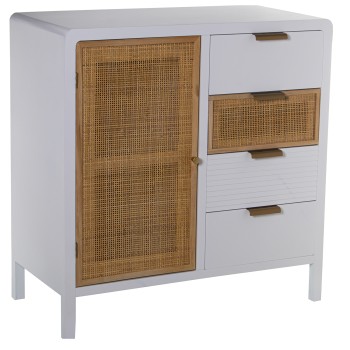 Mueble Entrada Madera 4 Cajones+puerta Blanco/ratán 80x40x82cm, Abeto+dm+ratán