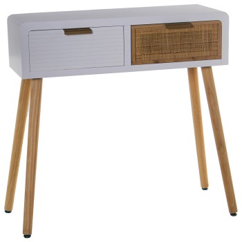 Mesa Entrada Madera 2 Cajones Blanco/ratán 80x30x78cm, Abeto+dm+ratán