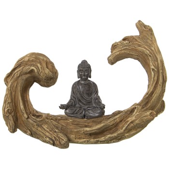 Figura Resina Buda Sobre Tronco 26x11x19cm
