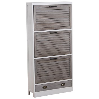 White And Grey Wooden 3 Doors Shoe Cabinet 65x20x132cm, Wood: Paulownia