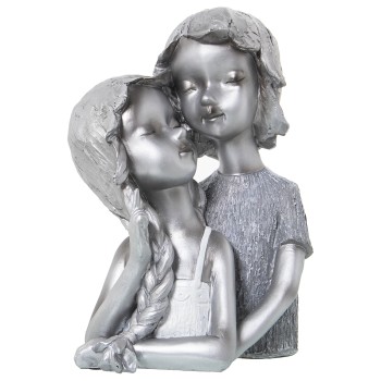 Statuette En Résine - Couple Enfants - Argenté- 19x15x28cm
