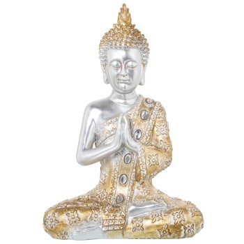 Figura Resina Buda Plateado Túnica Dorada 28x16x41cm