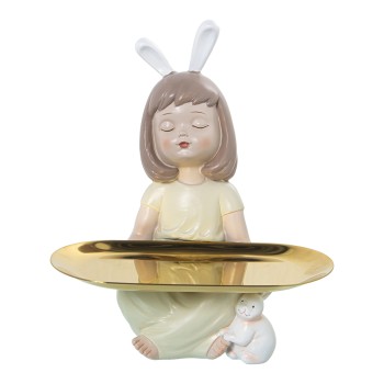 Resin Figure Sitting Girl W/metal Tray_12x12x21cm