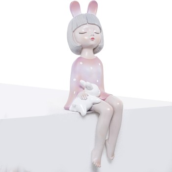 Figura Resina Chica Sentada Rosa C/orejas Y Conejito 12x12x32cm