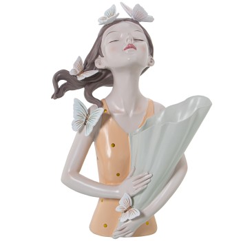 Figurine Résine Torse Fille Avec Vase, Robe Orange_22x14x31cm