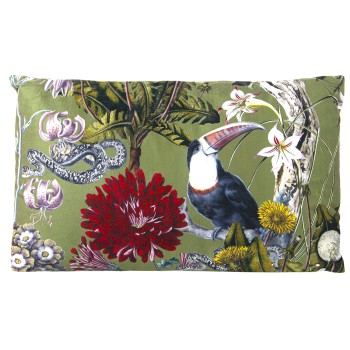 Green Velvet Pillow With Zip Flowers - 50x30cm- 50x30cm, C/impresión Digital