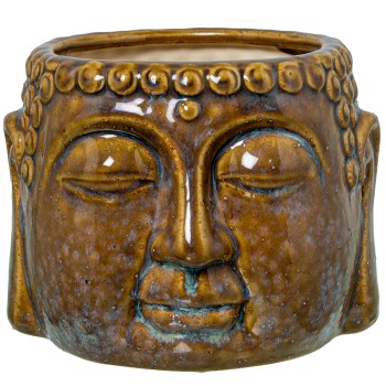 Macetero Cerámica Marrón Lacado Rostro Buda 18x17x13cm
