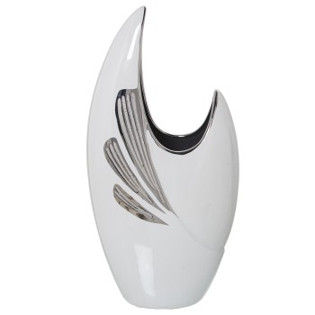 Vaso In Ceramica - Bianco E Argentato- 25x15x49cm