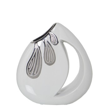 Vase En Céramique - Blanc Et Argenté- 17x8x20cm