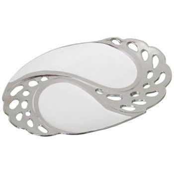 Centre De Table En Céramique - Blanc Et Argenté- 30x28x2,5cm