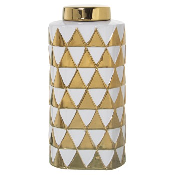 Potiche In Ceramica Triangoli - Bianco E Oro- 13x10x28cm
