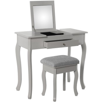 Mesa Tocador Madera Blanco C/espejo+banco Tapizado Tela Gri 80x40x74cm Banco:36,5x29x46cm
