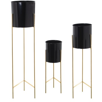 Set 3 Fioriere Di Metallo Nero Con Gambe Dorate- _ø21x93+ø18x75+ø16x51cm