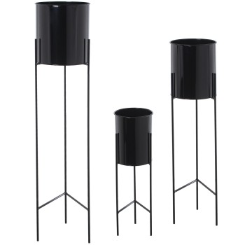 Set 3 Black Metal Planters W/glack Legs- _ø21x93+ø18x75+ø16x51cm
