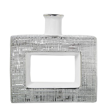 Jarrón Cerámica Agujero 24cm Plata/blanco Brillo 24x6x24cm